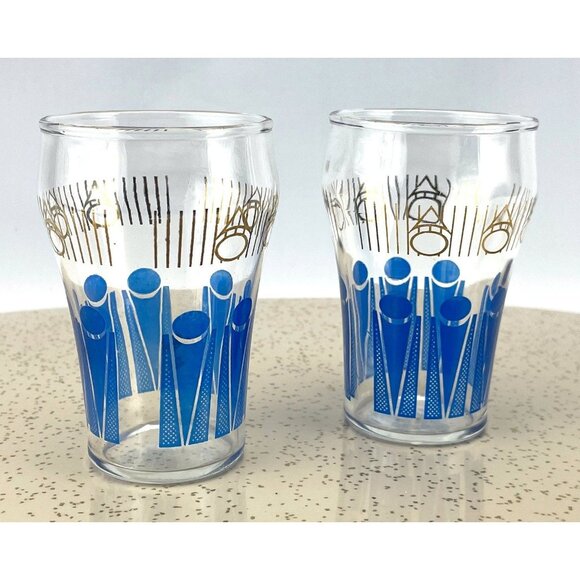 Vintage pair of 60s water glasses, blue and gold tumblers, MCM barware - Picture 4 of 7